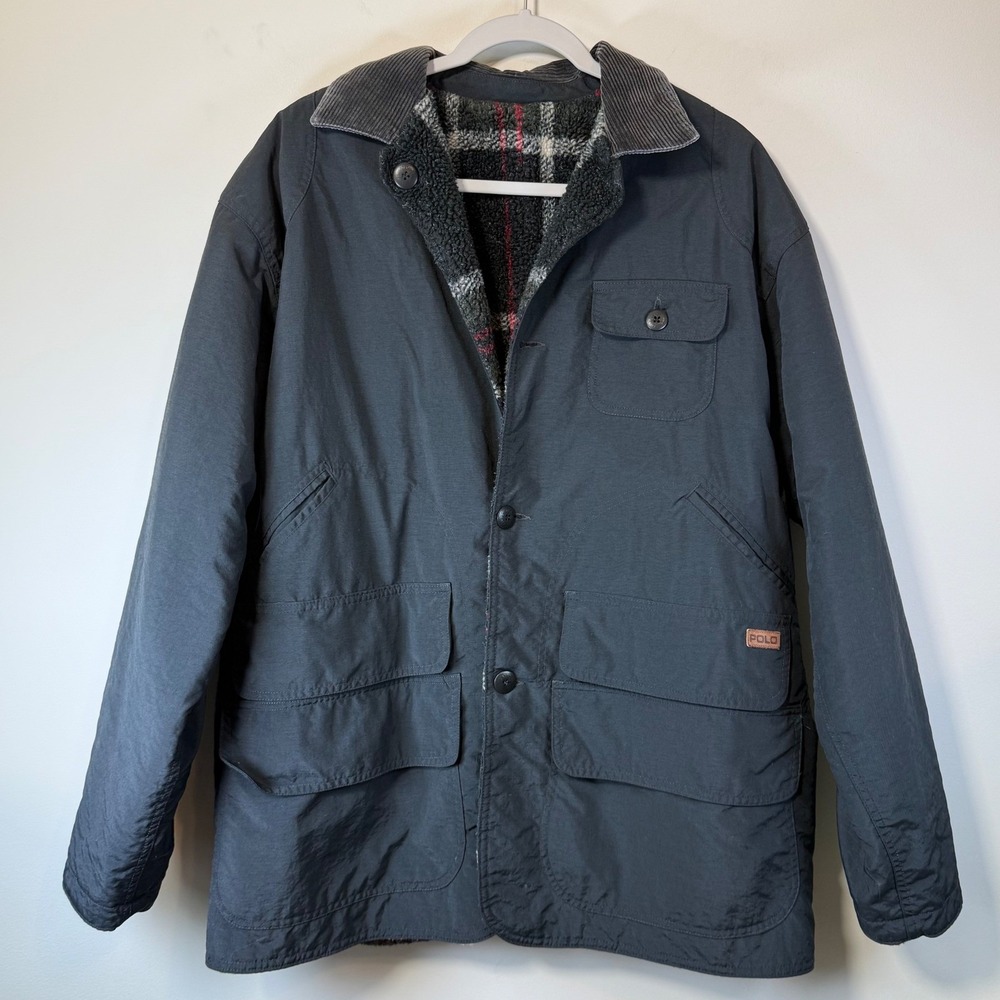 Vtg Polo Ralph Lauren Field Jacket Mens M Navy Blue Sherpa Lined Rugged Hunting